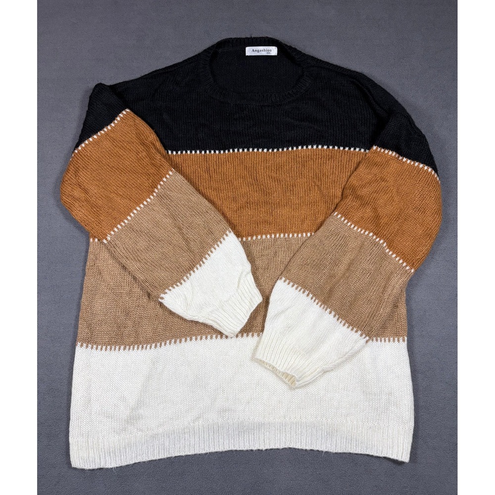 Angashion Sweater Womens XXL Multicolor Colorblock Crewneck Knit